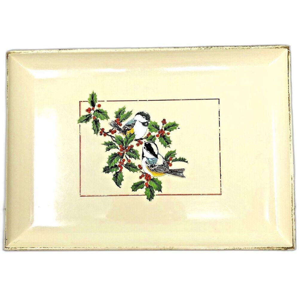 VTG Otagiri Lacquerware Tray Sparrow Holly Holiday Christmas Trinket Dish 8x6